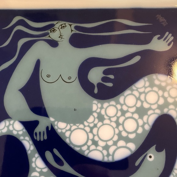 Bing & Grondahl Art Deco Rare Mermaid Runa Blue & White # 4737-363 7.5"x7.5" - Picture 2 of 6